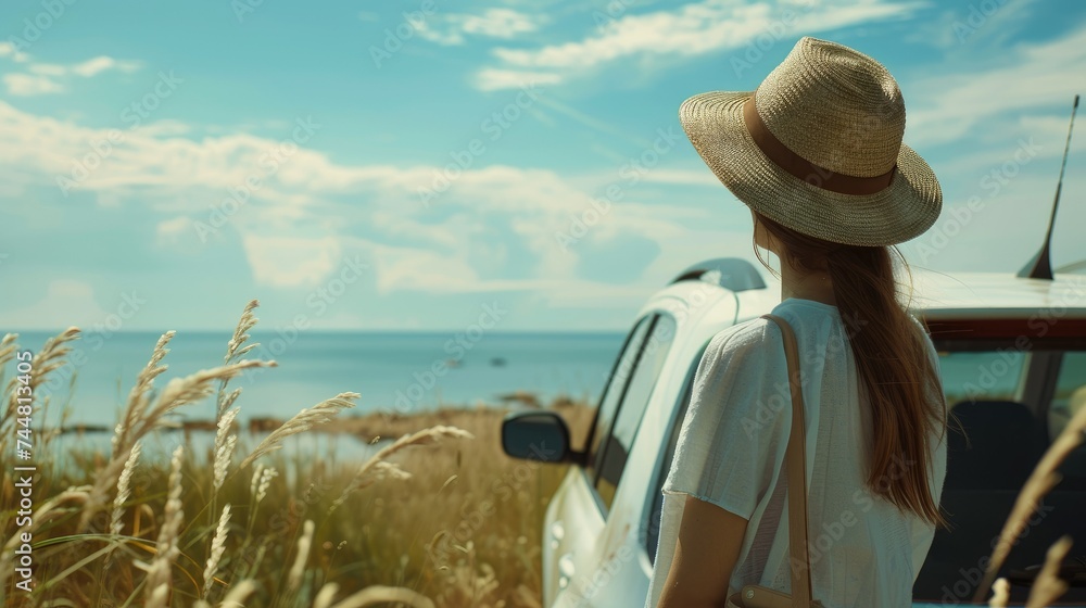 Young woman standing near the car and looking at the sea. She is wearing a hat and a light dress.