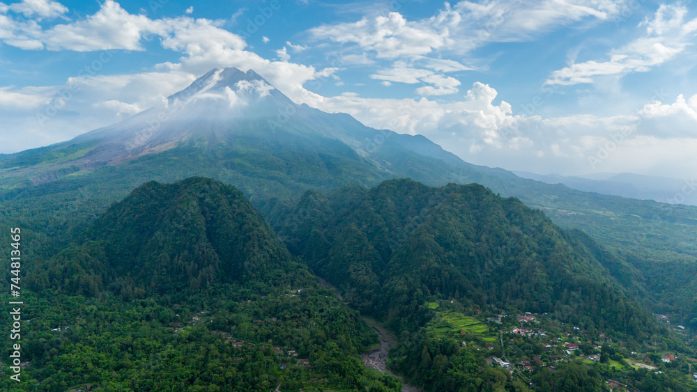 aerial view of Mount Merapi is the most active volcano in Indonesia located in the central part of Java Island in Sleman Regency, Yogyakarta