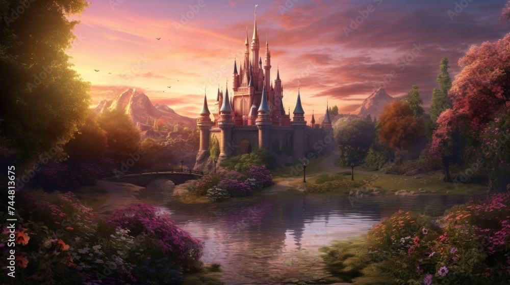 Enchanted castle in magical landscape at sunset. Fantasy world and adventure.