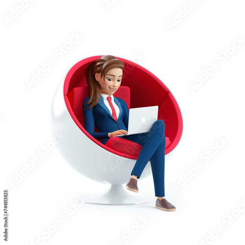 3d cartoon businesswoman sitting in spherical chair with laptop