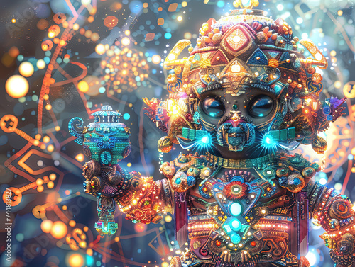 Medieval knight in armor. Portrait of gigantic cute Aquarius deity warrior in a shining armor holding the pitcher. There is a geometric cosmic mandala zodiac style made of lights in the background