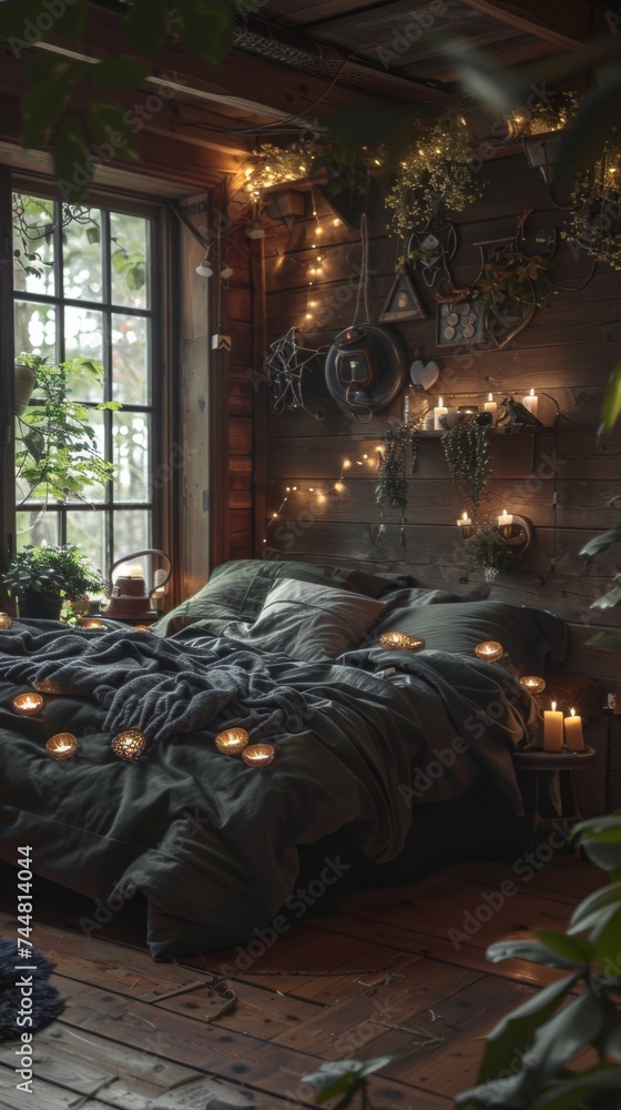 A bedroom with a bed and lots of candles A bedroom with a bed and lots of candles