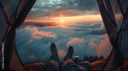 A person sitting in a tent looking out at the clouds photo