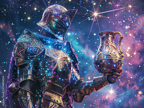 Medieval knight in armor. Portrait of gigantic cute Aquarius deity warrior in a shining armor holding the pitcher. There is a geometric cosmic mandala zodiac style made of lights in the background photo