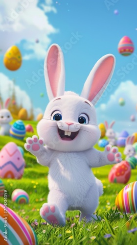 A cartoon bunny standing in a field of easter eggs