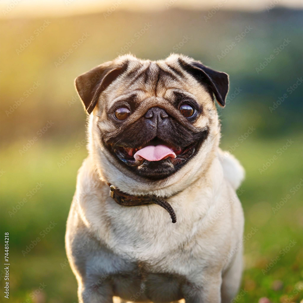 Beige pug with his tongue hanging out outdoors.