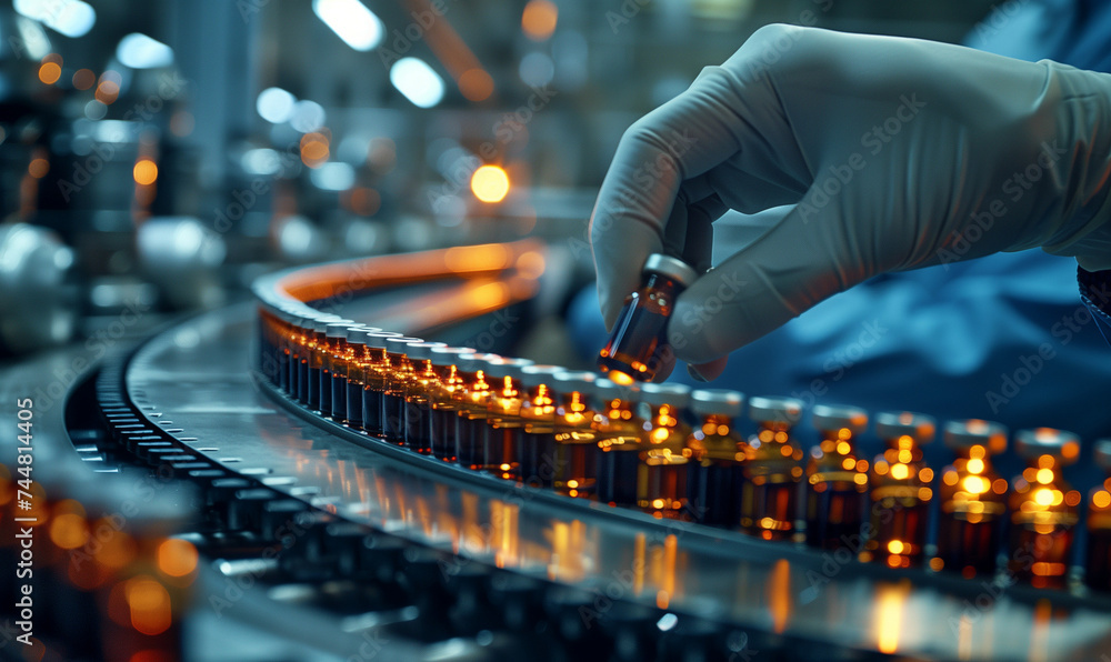 Pharmacist scientist with sanitary gloves examining medical vials on a production line conveyor belt in a pharmaceutical factory with Generative AI. - obrazy, fototapety, plakaty 