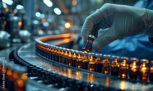 Pharmacist scientist with sanitary gloves examining medical vials on a production line conveyor belt in a pharmaceutical factory with Generative AI. photo