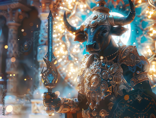 Medieval knight in armor. Portrait of gigantic cute bull deity warrior in a shining armor holding the pitcher. There is a geometric cosmic mandala zodiac style made of lights in the background © Mister