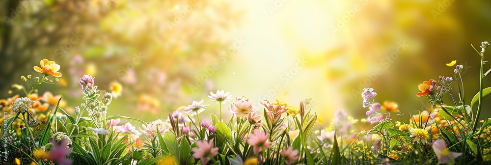 Spring equinox seasonal concept with plants in bloom - obrazy, fototapety, plakaty 