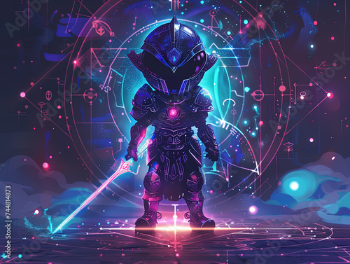 Medieval knight in armor. Portrait of gigantic cute Cancer deity warrior in a shining armor holding the pitcher. There is a geometric cosmic mandala zodiac style made of lights in the background