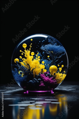 A glass sphere with a beautifully crafted simulation of a marine ecosystem, highlighted in vivid colors.