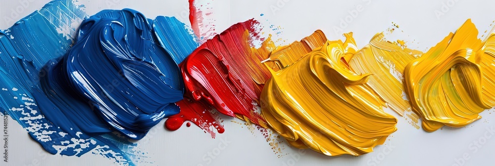 Abstract flag oil paint design in red, blue, and gold for Andorra, Arizona, Armenia, Chad, Colombia, Congo, Mongolia, Romania,  - obrazy, fototapety, plakaty 