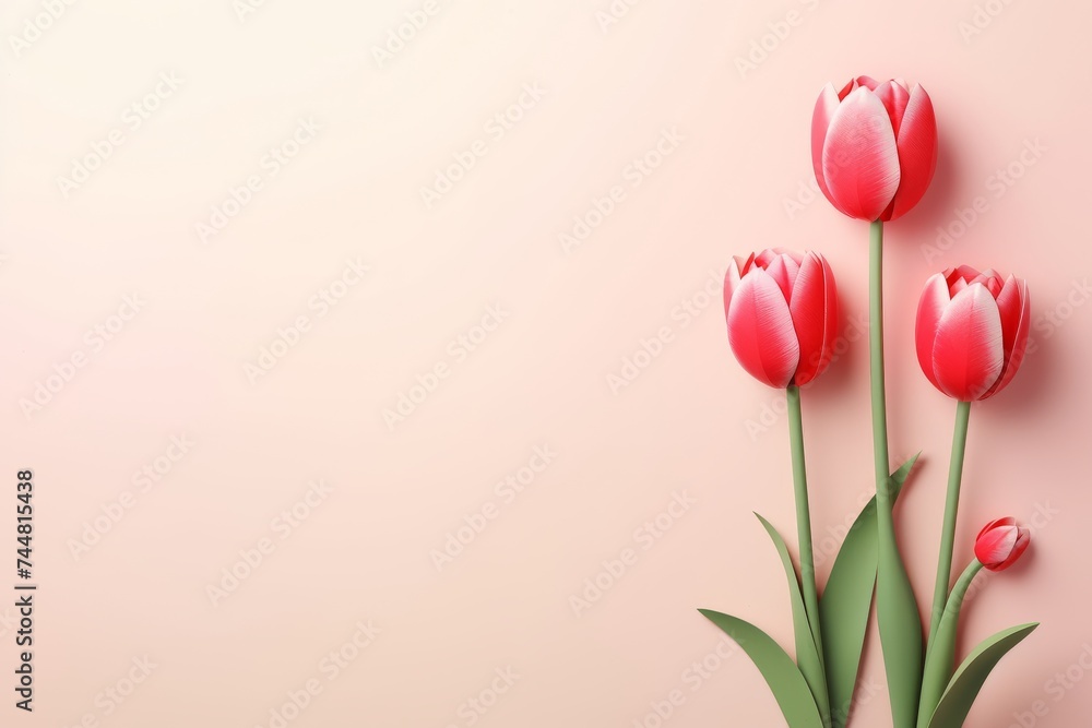 Love, romance and valentine day background with red tulips. International Mother's day. 