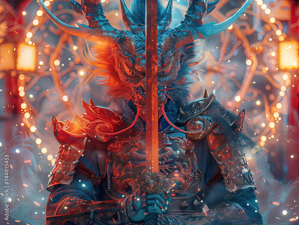 Medieval knight in armor. Portrait of gigantic cute dragon deity warrior in a shining armor holding the pitcher. There is a geometric cosmic mandala zodiac style made of lights in the background Medieval knight in armor. Portrait of gigantic cute dragon deity warrior in a shining armor holding the pitcher. There is a geometric cosmic mandala zodiac style made of lights in the background