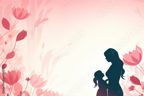 Silhouette of a girl with her mother and flowers. Mother's day background