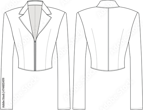 v neck zippered collared long sleeve jacket shirt template technical drawing flat sketch cad mockup fashion woman design style model