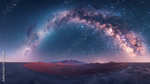 Panoramic View of the Milky Way Galaxy Arcing over a Desert Landscape with a Hues of Dawn on the Horizon