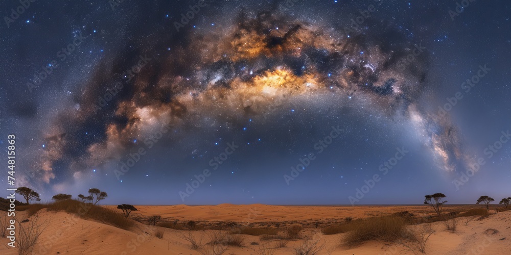Expansive Milky Way Panorama Over a Barren Desert with Silhouetted Acacia Trees Under a Star-Studded Sky