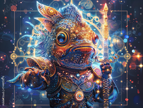 Medieval knight in armor. Portrait of gigantic cute fish deity warrior in a shining armor holding the pitcher. There is a geometric cosmic mandala zodiac style made of lights in the background