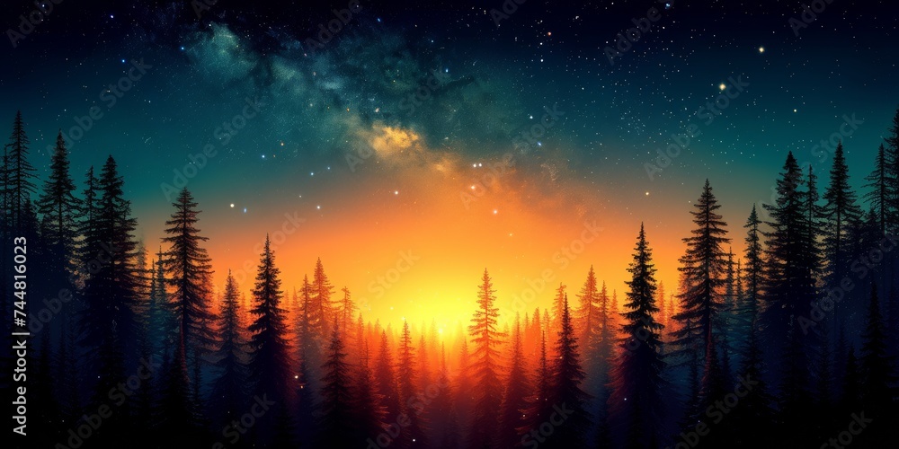 Magical sunrise over a forest silhouette with a star-studded sky, where the warmth of dawn meets the coolness of a fading night Magical sunrise over a forest silhouette with a star-studded sky, where the warmth of dawn meets the coolness of a fading night