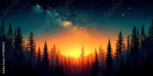 Magical sunrise over a forest silhouette with a star-studded sky, where the warmth of dawn meets the coolness of a fading night