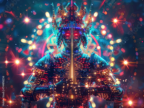 Medieval knight in armor. Portrait of gigantic cute Gemini deity warrior in a shining armor holding the pitcher. There is a geometric cosmic mandala zodiac style made of lights in the background