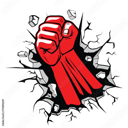 Red fist punched through stone wall. Vector on transparent background