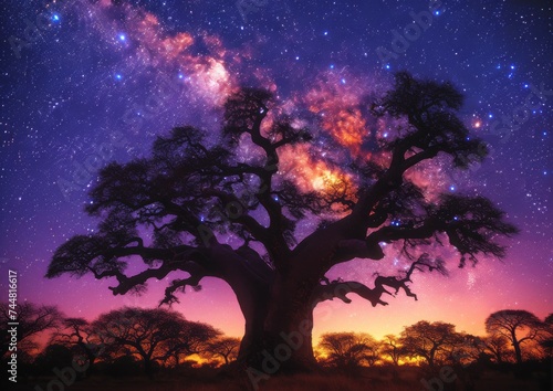Magical Night Sky With Milky Way Galaxy Shining Over an Ancient Baobab Tree, Astral Splendor in the Savannah