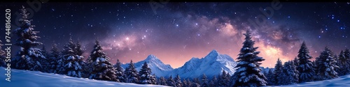 Winter Nightscape With Cosmic Display Over Snowy Mountains, Starry Sky Merging With Alpine Serenity