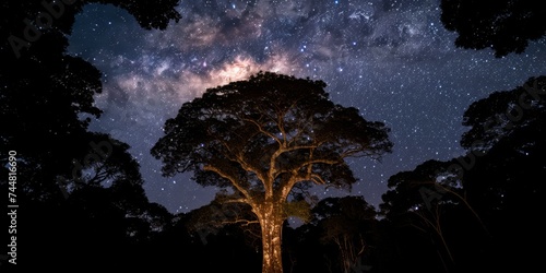 Galactic Core Magnificently Illuminating an Isolated Tree, Celestial Majesty on a Clear Night