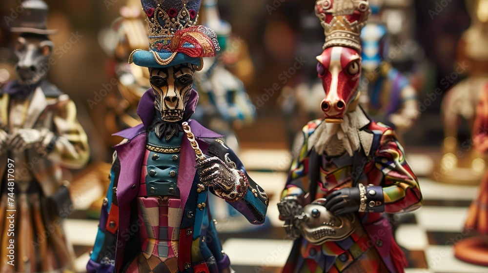 Colorful Fantasy Chess Pieces with Animal Heads in Ornate Costumes Colorful Fantasy Chess Pieces with Animal Heads in Ornate Costumes