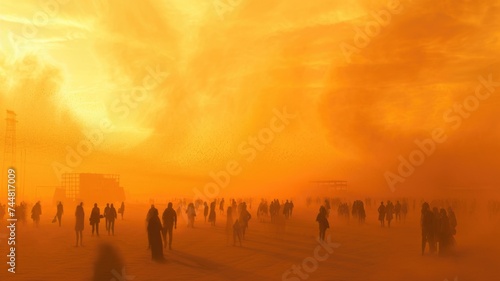 Majestic Sandstorm Enveloping a Desert Town at swirling clouds of sand,