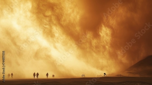 Majestic Sandstorm Enveloping a Desert Town at swirling clouds of sand, photo