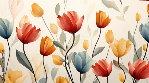 Ornament of tulips in pastel colors  a simple drawing with paints for printing on fabric or paper. Colorful stylized tulips pattern  wallpaper  texture  art. Spring tulips wallpaper design.