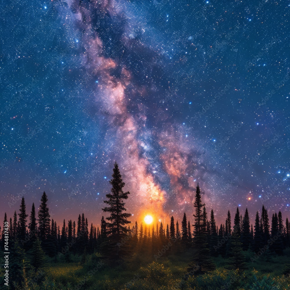 Stunning night sky with the Milky Way galaxy rising above a tranquil forest, the moon casting a gentle glow on the horizon