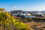 View of Adamas village with white houses on green hills, Milos island, Cyclades, Greece