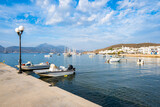 View of Adamas port and fishing boats on sea, Milos island, Cyclades, Greece
