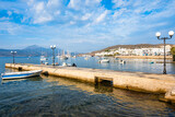 View of Adamas port and fishing boats on sea, Milos island, Cyclades, Greece