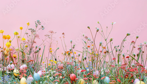 Easter background  colored easter eggs lying in the grass  field flowers  easter flowers background  fresh green spring Easter background with painted eggs on a green grass
