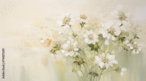 vintage abstract watercolor painting of neutral white and green wildflowers on a beige background