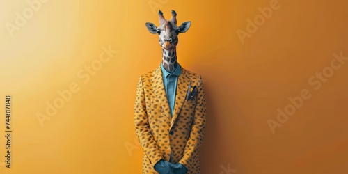 Abstract, creative, illustrated, minimal portrait of a wild animal dressed up as a man in elegant clothes. A giraffe standing on two legs in business suit