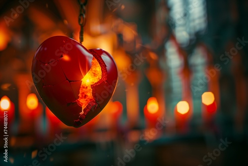 A red heart  split in two  with fire burning from within  set against a blurred background of an ancient  candle-lit cathedral.