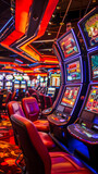 Gros plan sur des machines à sous dans un casino au format portrait.
