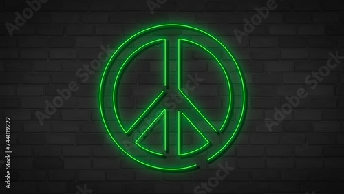 Peace symbol sign neon green light. Luminous and shimmering peace neon sign. Motion animation. Video available in 4K render footage.
