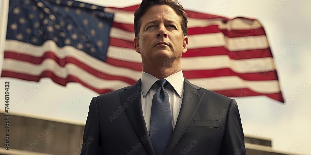 FBI and CIA concept with federal government agents ready to enforce law and order to protect democracy by any means necessary - American flag background - obrazy, fototapety, plakaty 