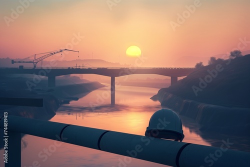 An under-construction bridge spans a tranquil river at dawn on International Labour Day, where a single worker helmet is prominently displayed on a railing, facing the rising sun. photo