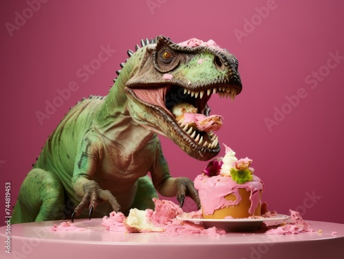 Illustrated dinosaur party concept  small cute dinosaur with birthday cake having fun  confetti and balloons on pastel background