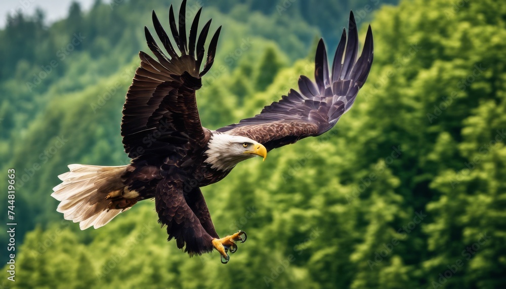 Obraz premium forest, flight, wings, predator, green, Majestic Eagle Soaring High Above Lush Green Forest Scanning the