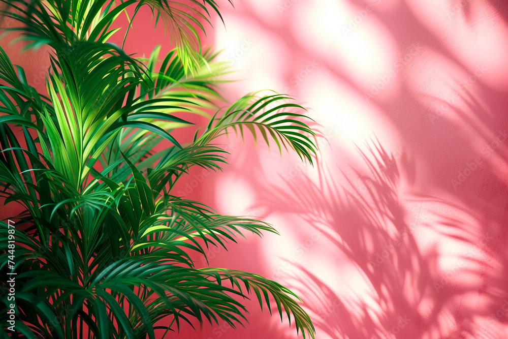 Blurred shadow from palm leaves on the pink wall. Minimal abstract background for product presentation. Spring and summer. Blurred shadow from palm leaves on the pink wall. Minimal abstract background for product presentation. Spring and summer.